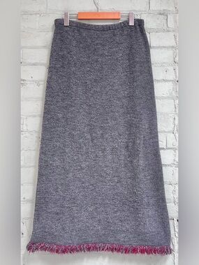Vintage Gray Knit Maxi Skirt with Red Fringe